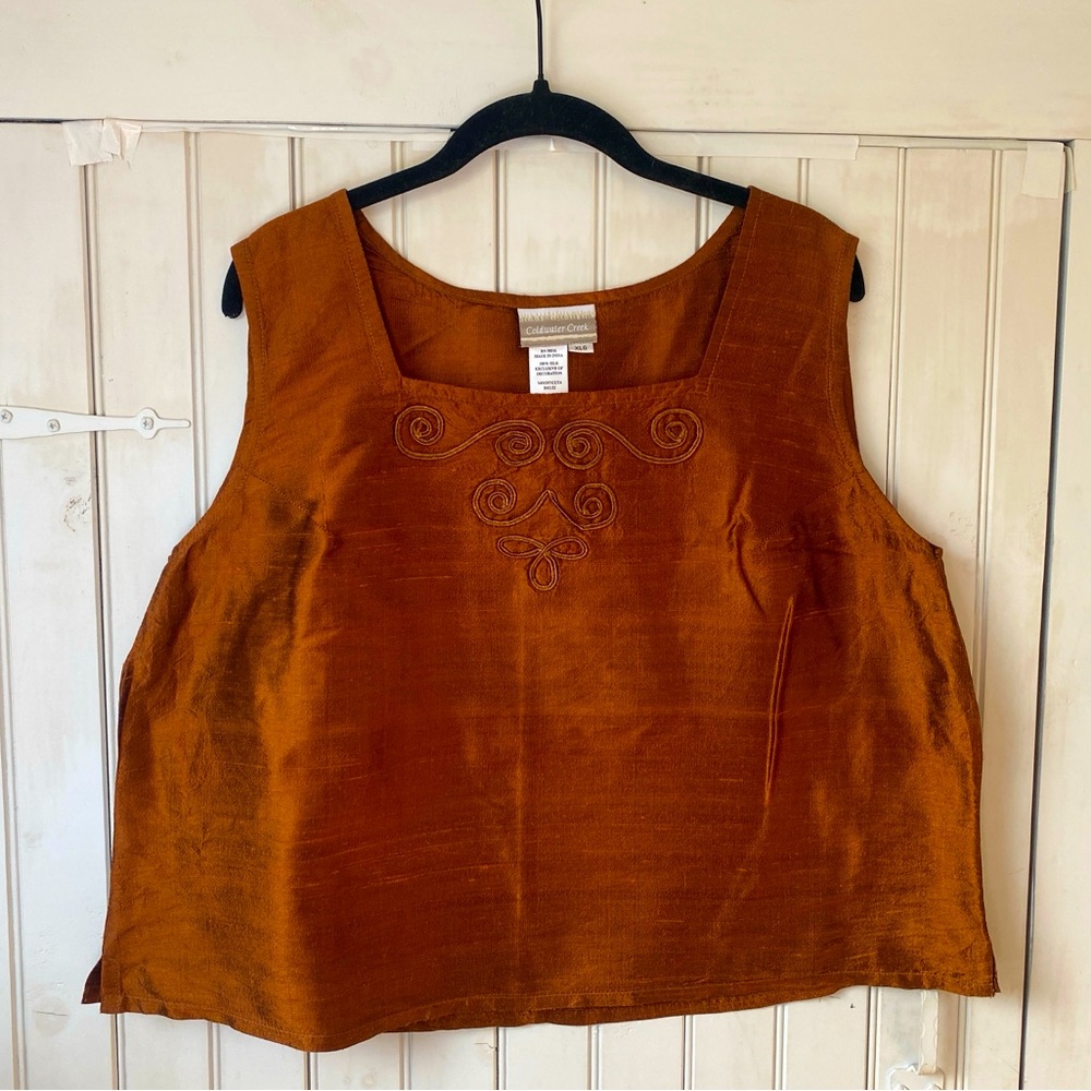 Coldwater Creek Copper Rust Sleeveless Silk Textured Tank Top, Scoop Neck XL